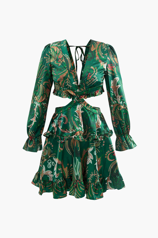 Printed V-neck Cut Out Ruffle Mini Dress