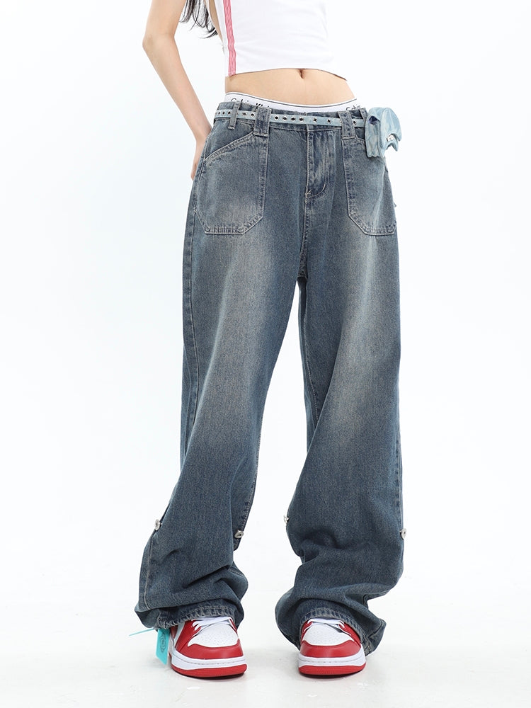 Washed Effect Denim Baggy Boyfriend Jeans