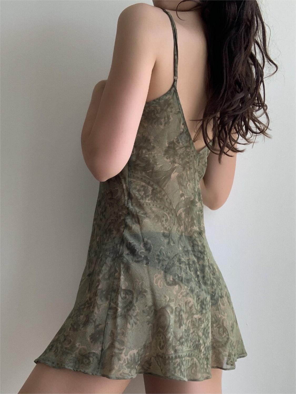 Dark Green Printed Slip Mini Dress