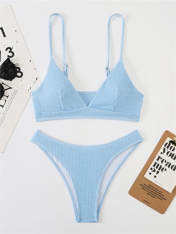 Solid Color Smocked V-Neck Bikini Set