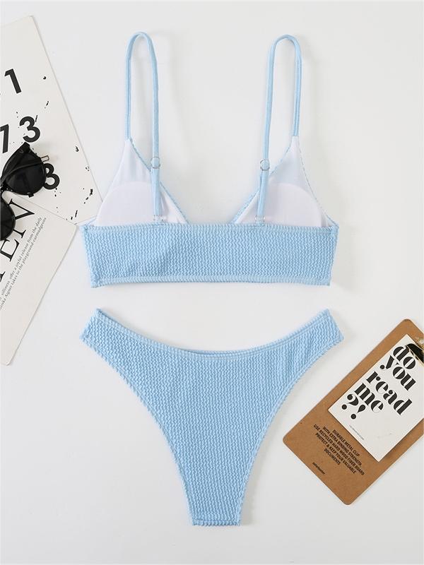 Solid Color Smocked V-Neck Bikini Set