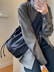 Black Nylon Shoulder Bag with Drawstring