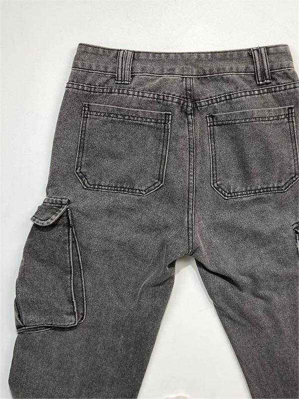 Grey Mid Waist Cargo Jeans with Patched Pockets