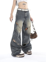 Deconstructed Washed Effect Baggy Boyfriend Jeans