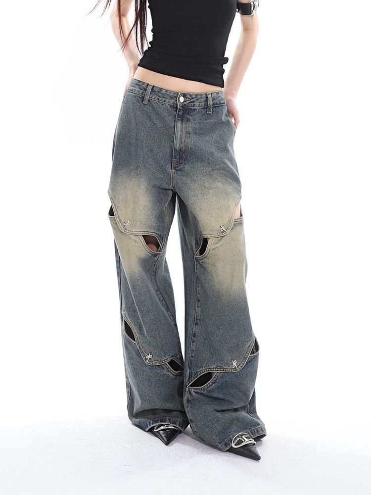 Deconstructed Washed Effect Baggy Boyfriend Jeans