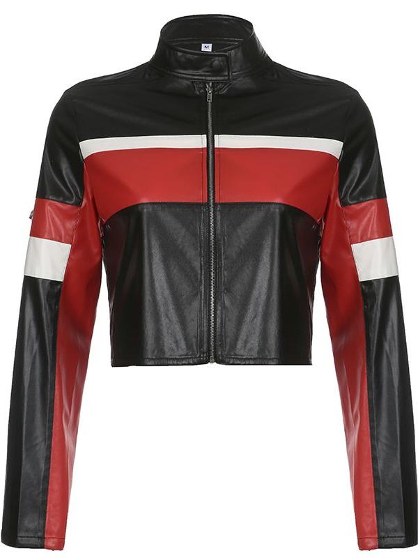 Short Leather Motorcycle Jacket with Red Stripes