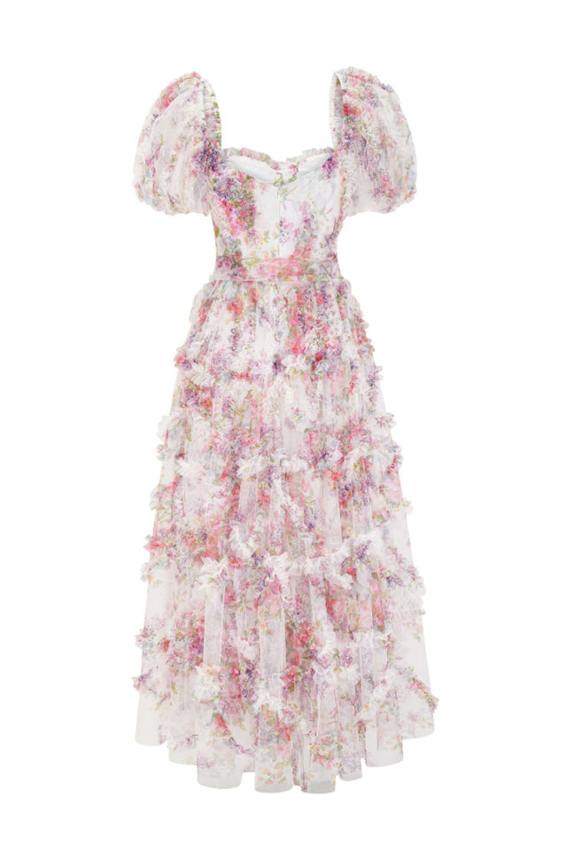 Floral Tulle Puff Sleeve Bow Tie Maxi Dress