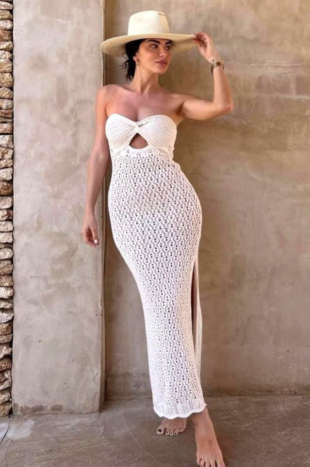 Tallulah Beige Crochet Strapless Maxi Dress