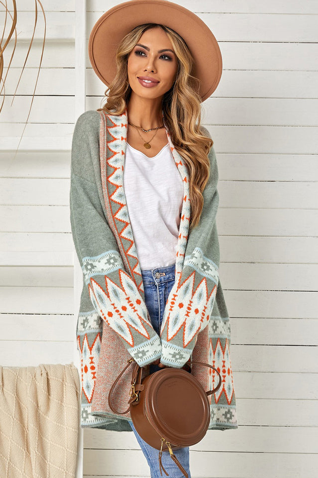 Geometric Open Front Long Sleeve Cardigan