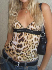 Y2k V-Neck Cami Top with Leopard Print