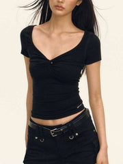 Black Crop Top with V Neck and Short Sleeves