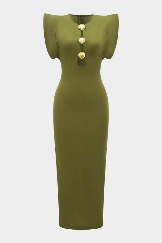 Cut Out Metallic Button Zipper Short Sleeve Maxi Dress
