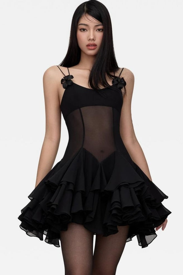 Ganili Spaghetti Sheer Ruffle Mini Dress