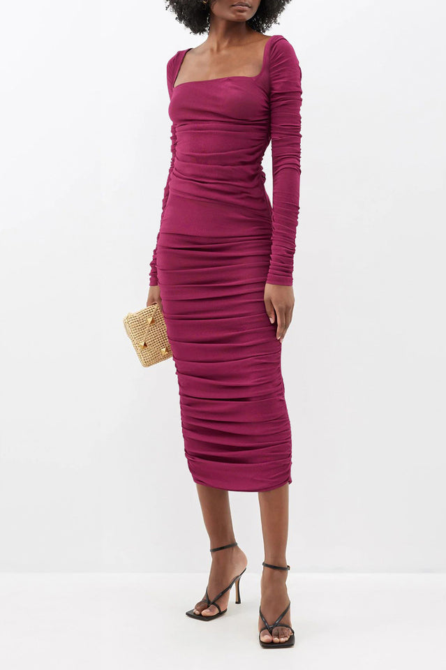 Square Neck Ruched Crepe Midi Dress