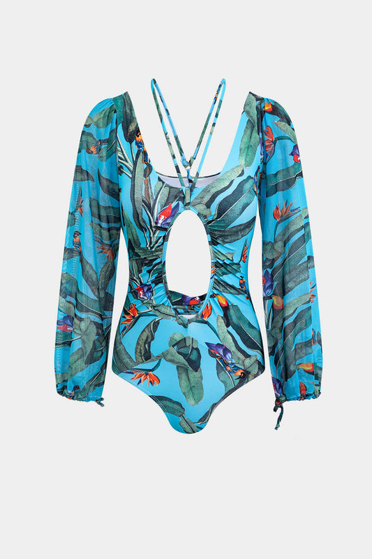 Leaf Print Cut Out Backless Twist Knot One-Piece Swimsuit