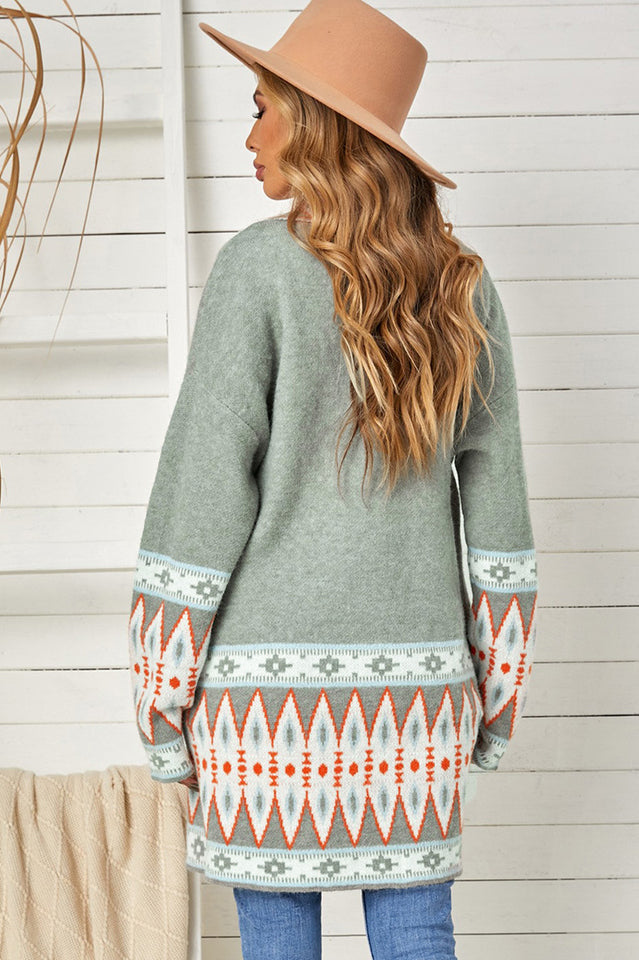 Geometric Open Front Long Sleeve Cardigan