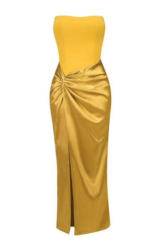 Mustard Draped Satin Corset Maxi Dress