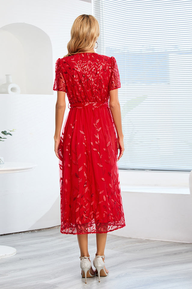 Sequin Leaf Embroidery Tie Front Dress