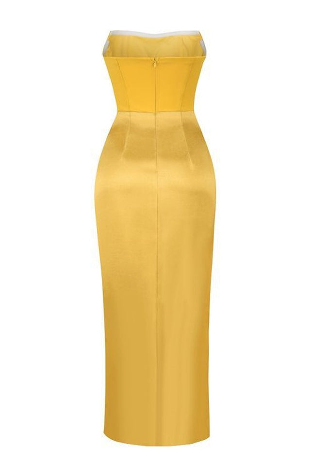 Mustard Draped Satin Corset Maxi Dress