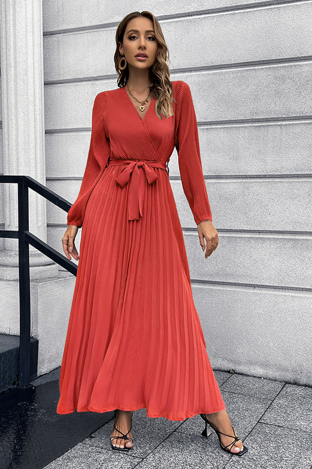 V Neck Swing Pleated Dress