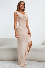 Embellished Draped Ruffle Maxi Dress