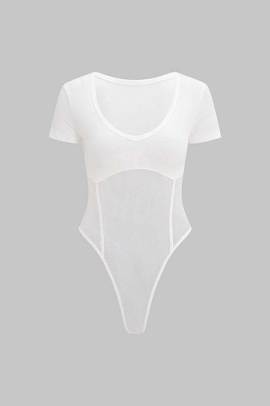 Sheer V-Neck Mesh Short Sleeve Bodysuit