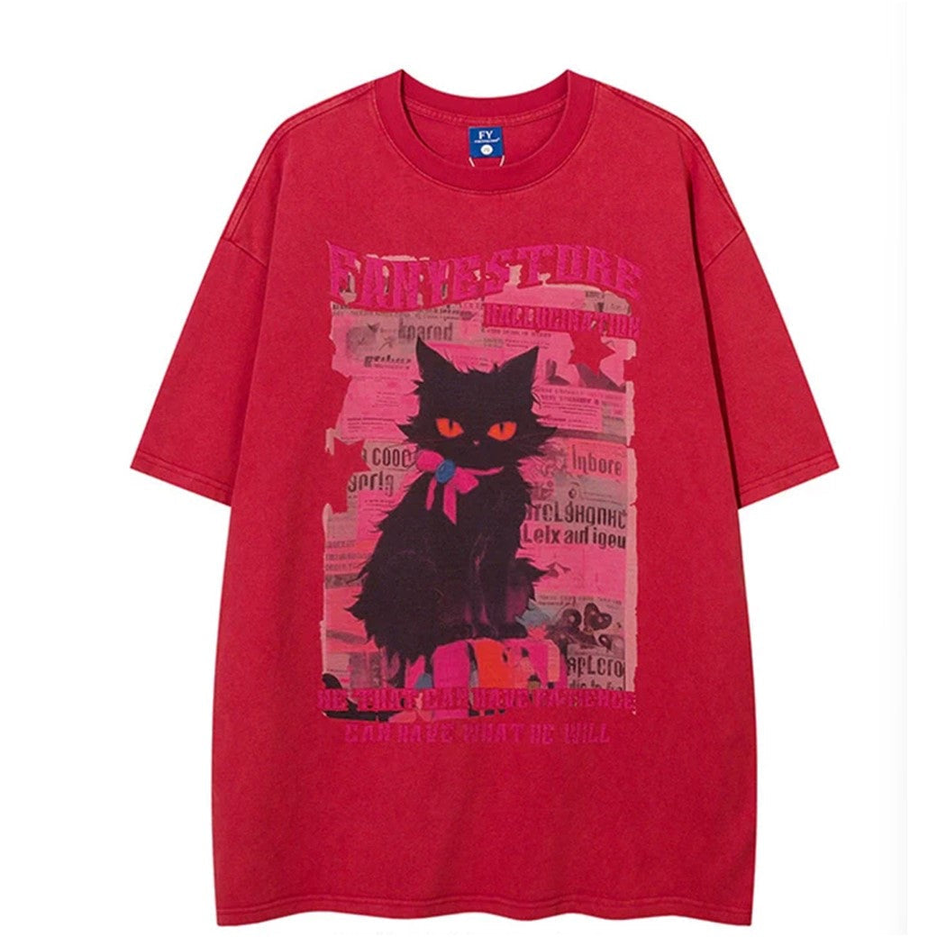 Contrast Color Y2k Cat Print Short Sleeve T Shirt