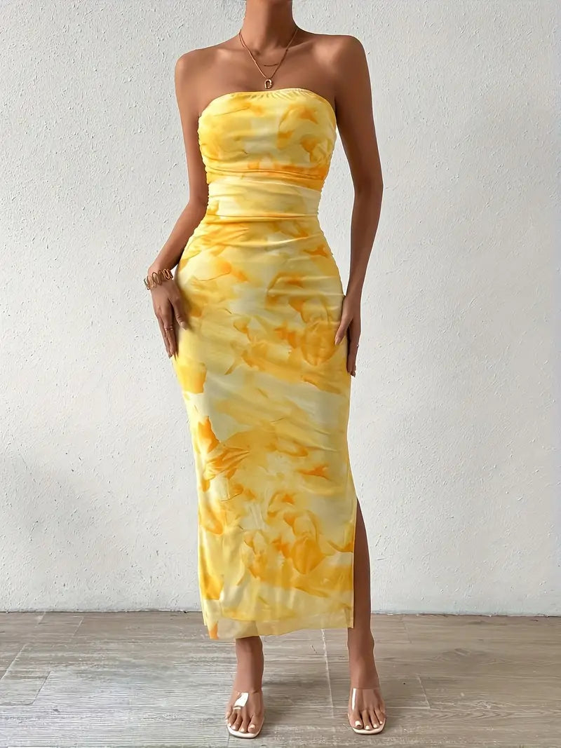 Yellow Floral Print Off Shoulder Backless Split Bodycon Tube Maxi Dress