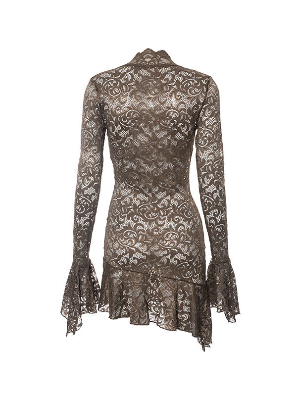 Vintage Lace V Neck Mini Dress with Trumpet Sleeve