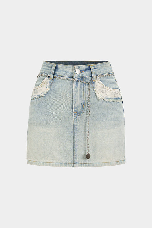 Denim Metallic Belted High Waist Pocket Skirt