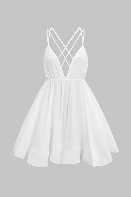 Chiffon V-Neck Pleated Tie-Up Backless Sleeveless Mini Dress