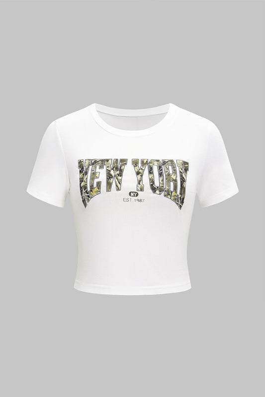 Retro Letter Print Round Neck Short Sleeve T-Shirt