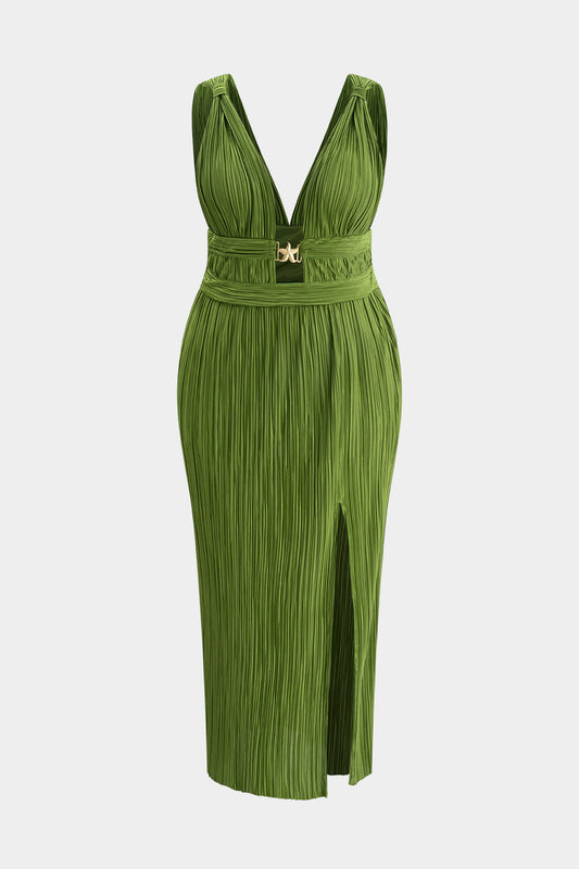 Plus Size Metallic Pleated Sleeveless Maxi Dress