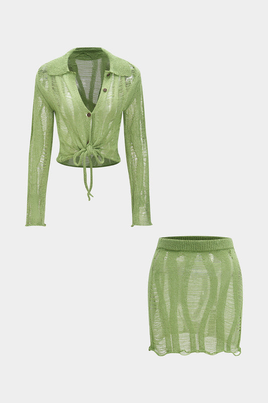 Knit Cut Out Tie-Up Long Sleeve Shirt And Skirt Set
