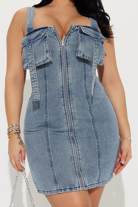 Solid Pocket Zipper Denim Dress