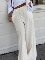 White Classic Drawstring Straight Leg Pants