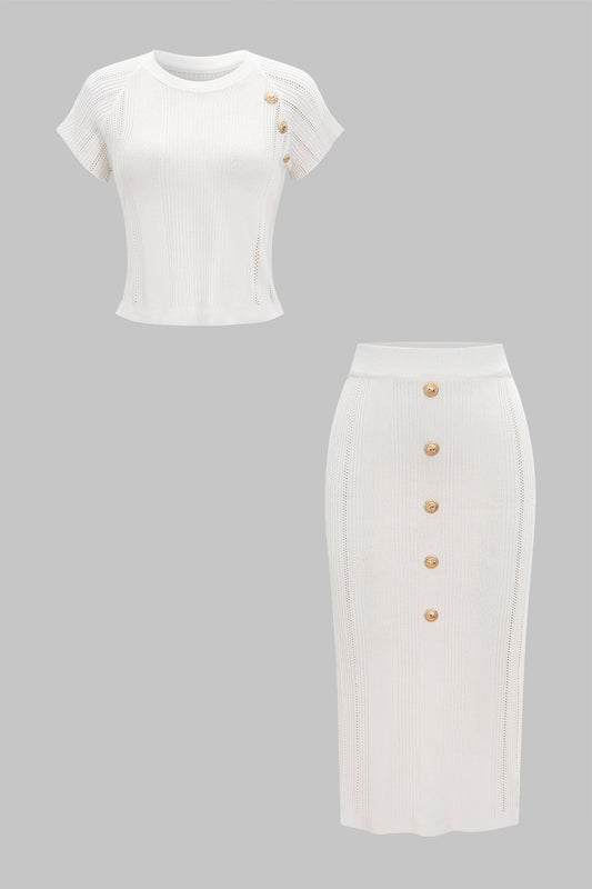 Knitted Metallic Button Top And Skirt Set
