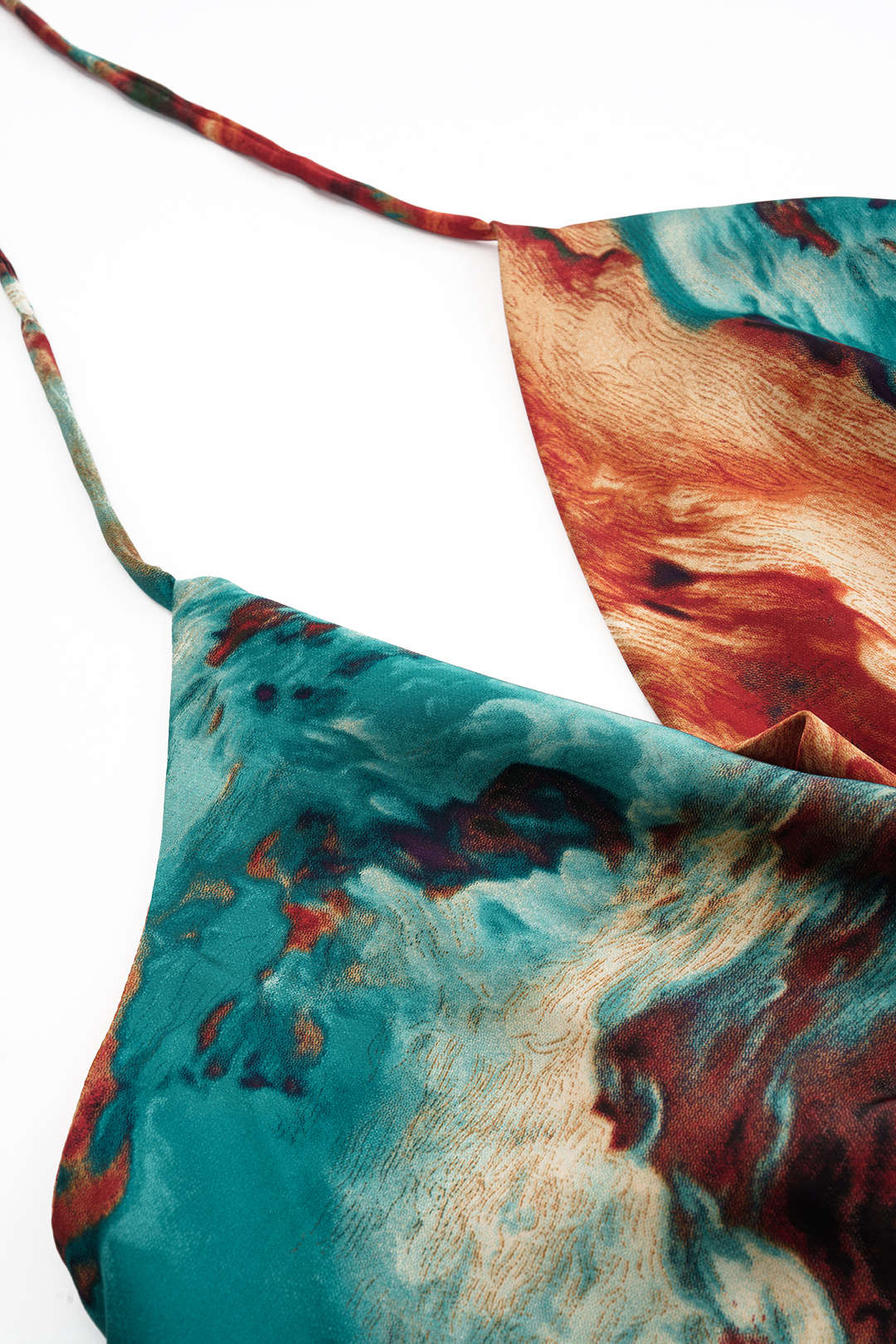 Plus Size Satin Abstract Pattern Zipper Cowl Neck Halter Neck Tie-Up Cami Top