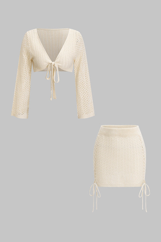 Knit Hollow Out Tie-Up Top And Skirt Set