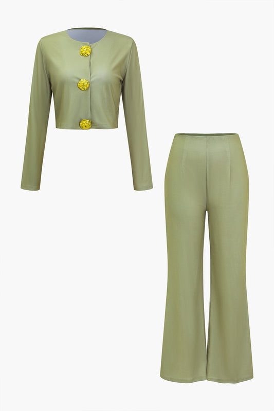 Solid Metallic Button Long Sleeve Top And Trouser Set