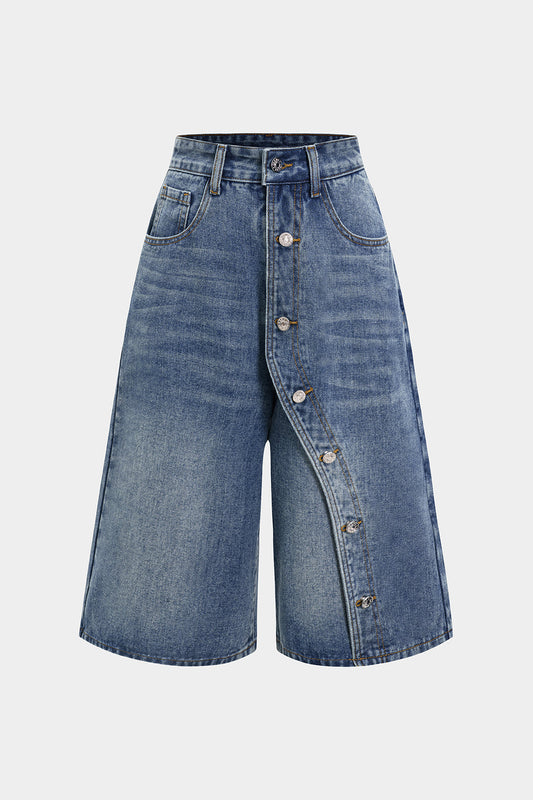Denim Asymmetrical Button Shorts