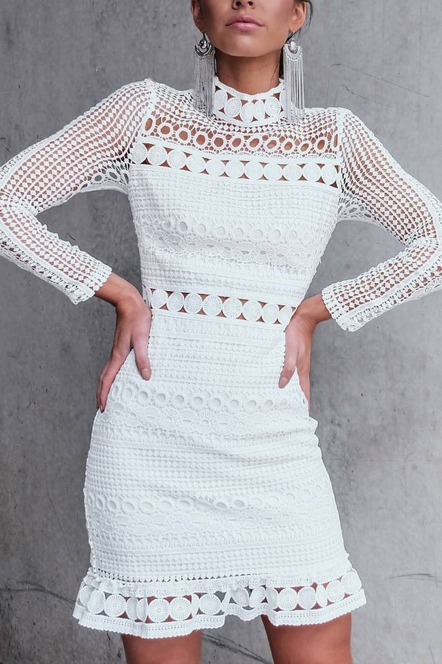 High Neck Short Tight White Lace Dress