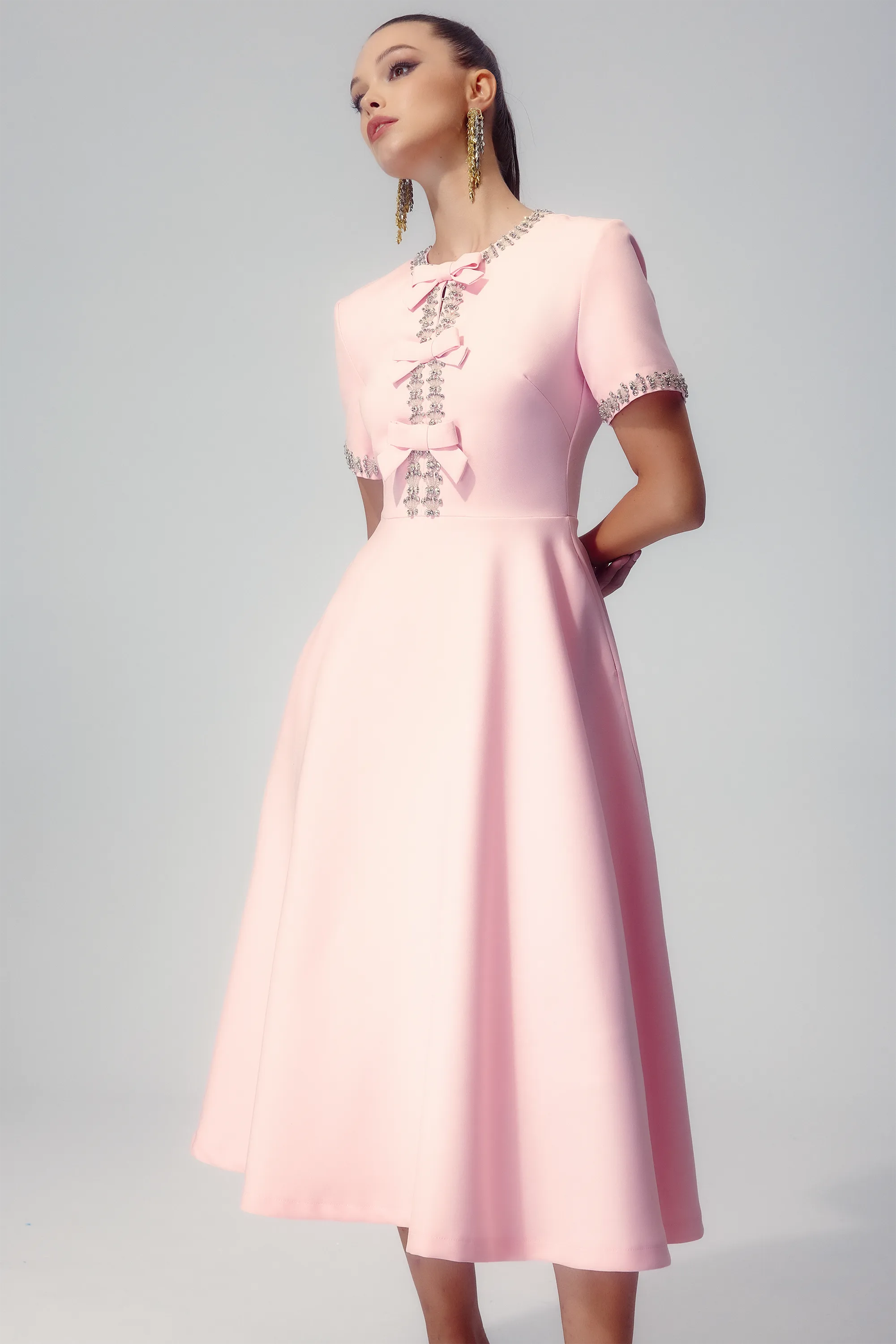 Rowan - Bowknot Crystal-embellished Midi Dress