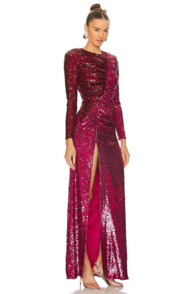 Burgundy Ruched Sequined Maxi Dress