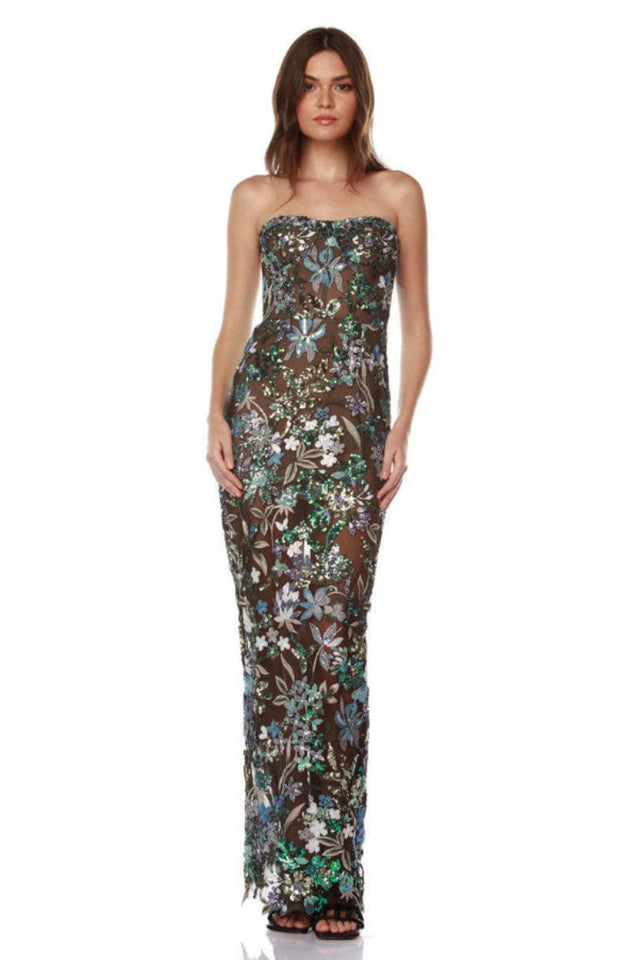 Kamames Strapless Floral Sequined Maxi Dress