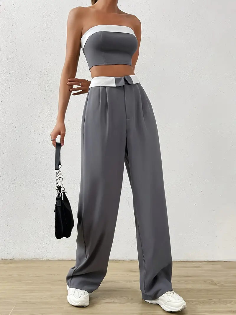 Contrast Vintage Off Shoulder Tube Top & Pants Two Piece Set