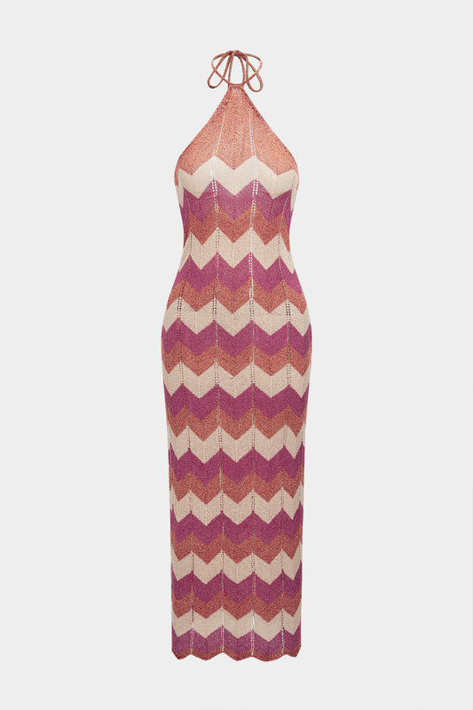 Knit Stripe Print Hollow Out Halter Neck Tie-Up Sleeveless Dress