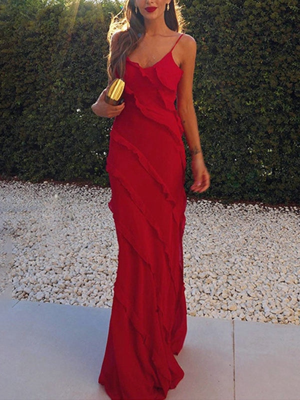 Red Vintage Halter Backless Slit Ruffles Maxi Dress