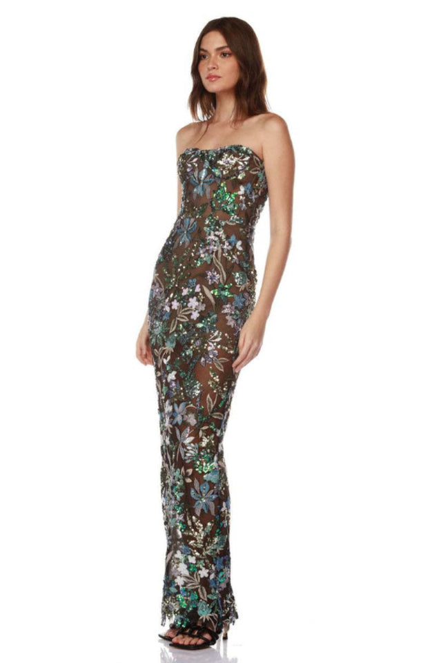 Kamames Strapless Floral Sequined Maxi Dress