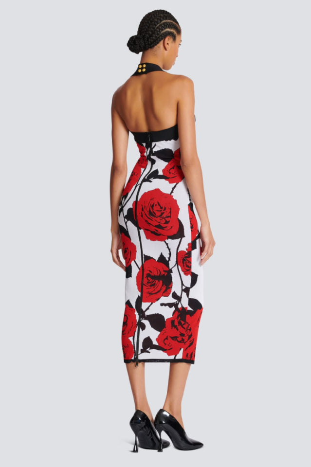 Knit Floral Halter Neck Midi Dress